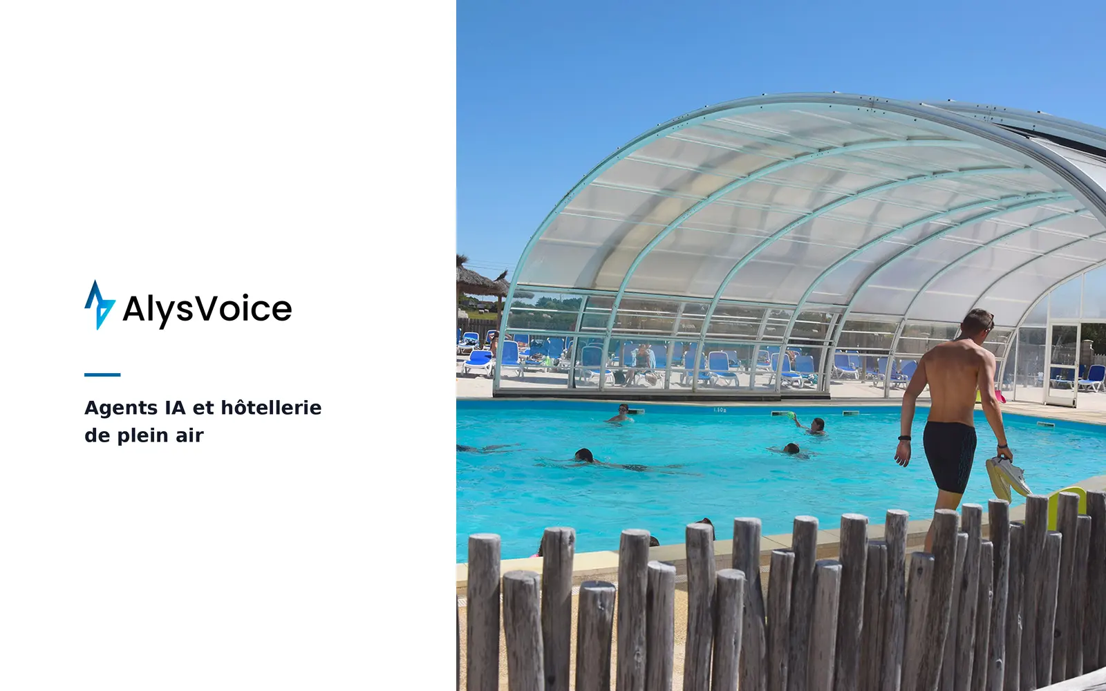 Piscine d'un camping en pleine saison, illustration de l'arrivée des agents IA dans la réservation touristique