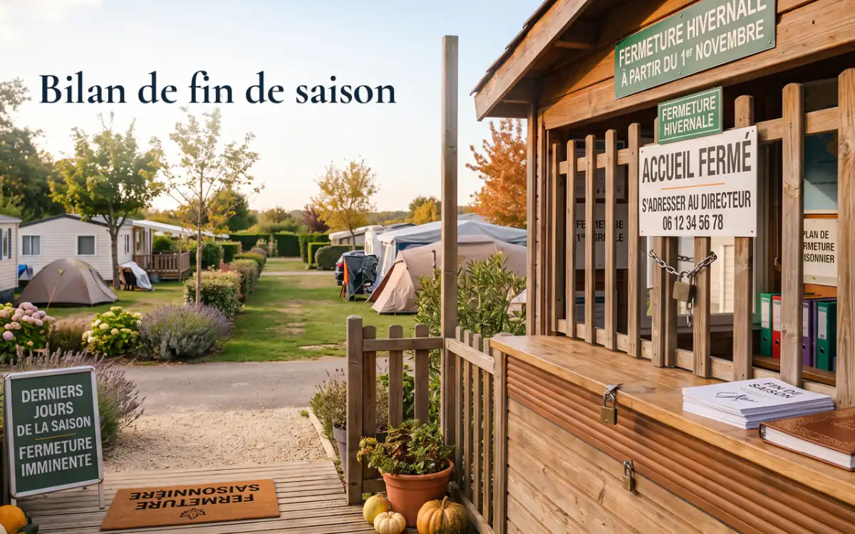 Bilan de fin de saison : accueil d'un camping fermé pour l'hiver, panneaux de fin de saison et mobil-homes en arrière-plan
