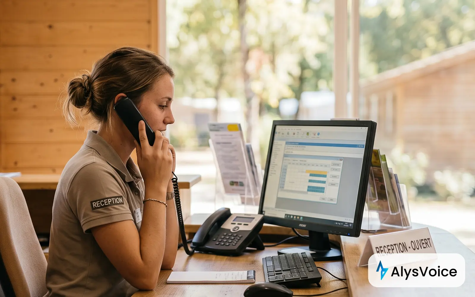 Réceptionniste de camping au téléphone devant son logiciel de réservation