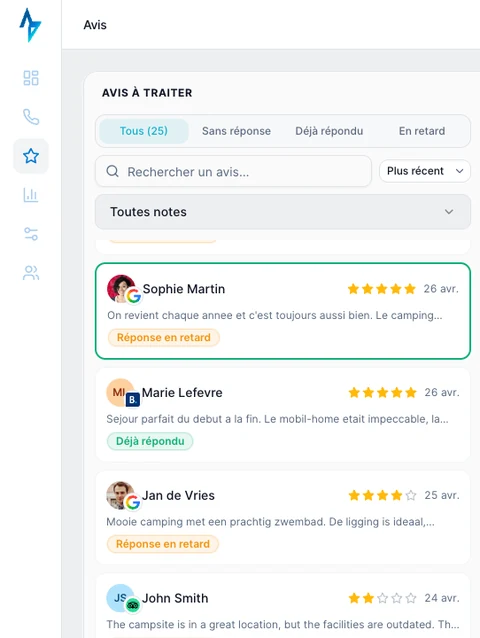 Boîte de réception des avis à traiter d'un camping dans le tableau de bord AlysVoice