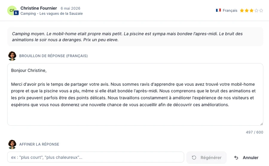 Brouillon de réponse généré par Mia avec l'option « affiner la réponse » dans le tableau de bord AlysVoice
