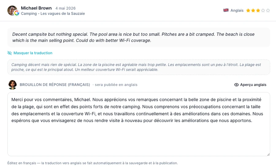 Traduction automatique d'un avis en anglais et réponse multilingue de Mia dans le tableau de bord AlysVoice