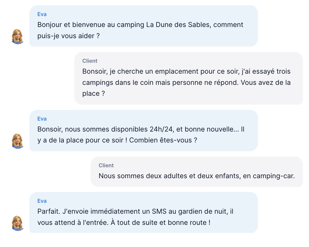 Retranscription IA d'un appel pris par Eva, agent vocal AlysVoice, pour le camping La Dune des Sables